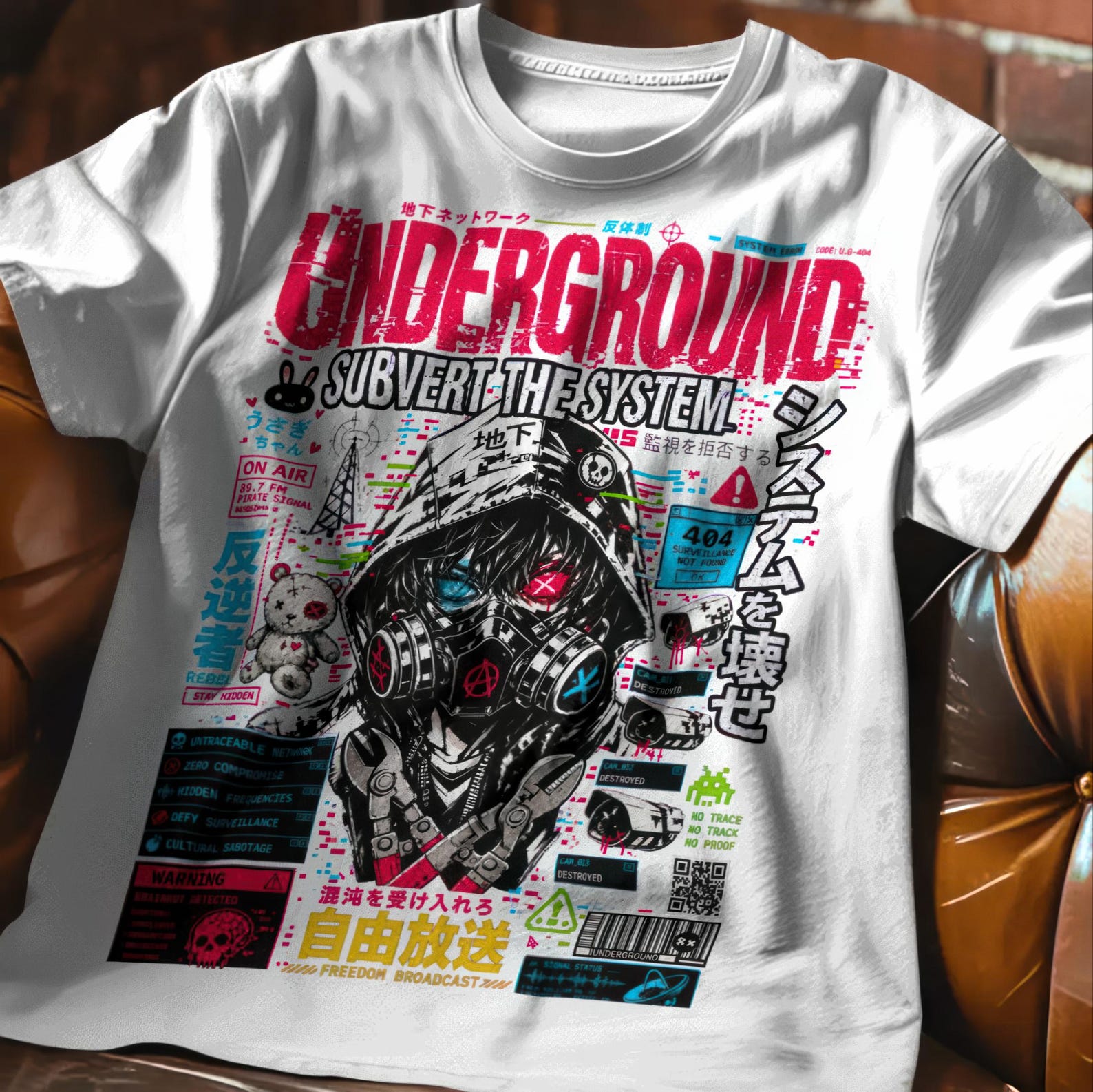 Glitch core streetwear shirt with dystopian manga hacker graphic and jpn typography. 2XL