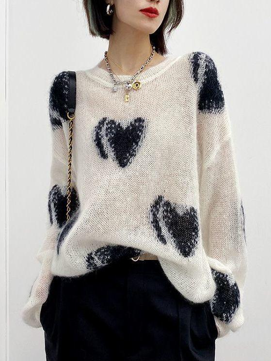 

Осень-зима Новая мода круглый вырез длинный рукав принт пуловеры женская одежда свободные универсальные корейские трендовые вязаные топы M белый