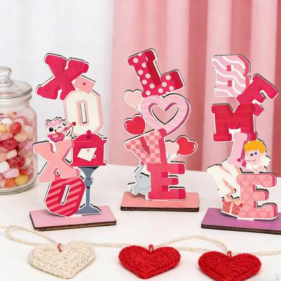 3x Love Tabletop Centerpiece Signs, Wooden Table Sign Valentines Decorations, Topper
