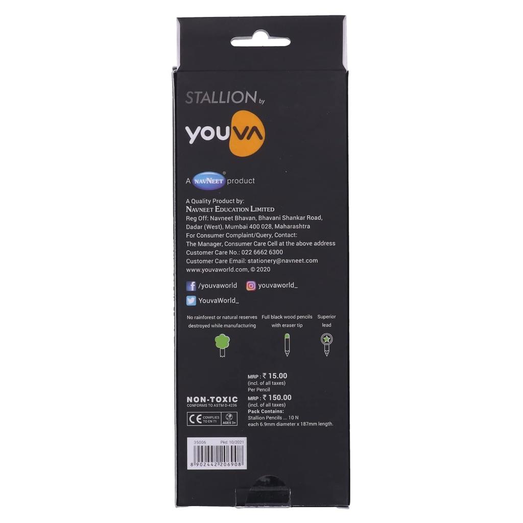 YOUVA Navneet Stallion Premium Black Writing Pencils With Eraser Tip For Students and Professionals 10PC Set School Use