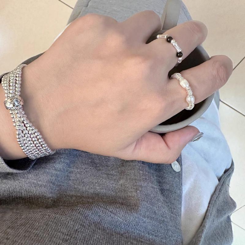 Korean Pearl & Silver Black Agate Braided Ring - Elegant Luxury Fashion Accessory for Women