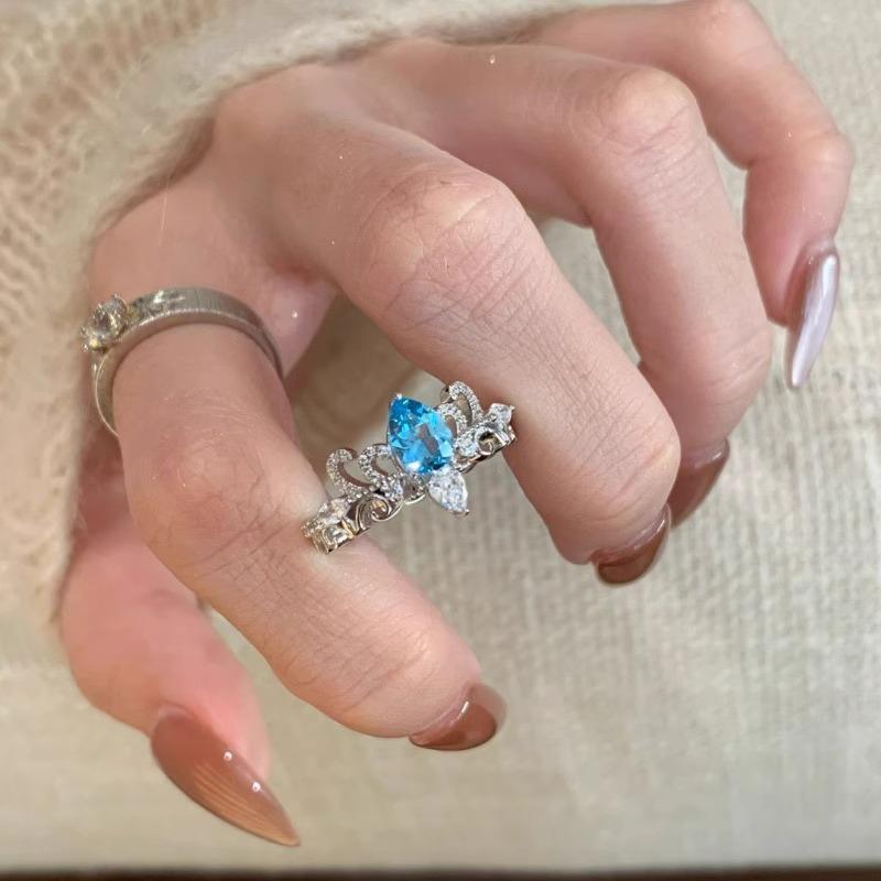 Retro Blue Tear Crown Water Drop Ring - Vintage Chinese-Style Adjustable Women's Index Ring