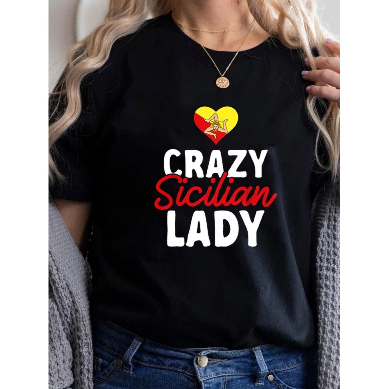 Sicilian Flag Crazy Sicilian Lady Sicilia Italy Sicily t-shirt t-shirts Tshirts For WomenRound neck printing womens t shirts S чёрный