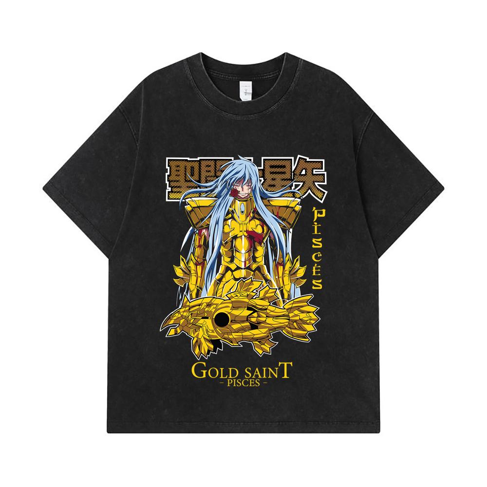 275 GSM Washed T-shirts 100% Cotton Saint Seiya V25 Pisces Print Unisex Heavy Cotton T Shirt