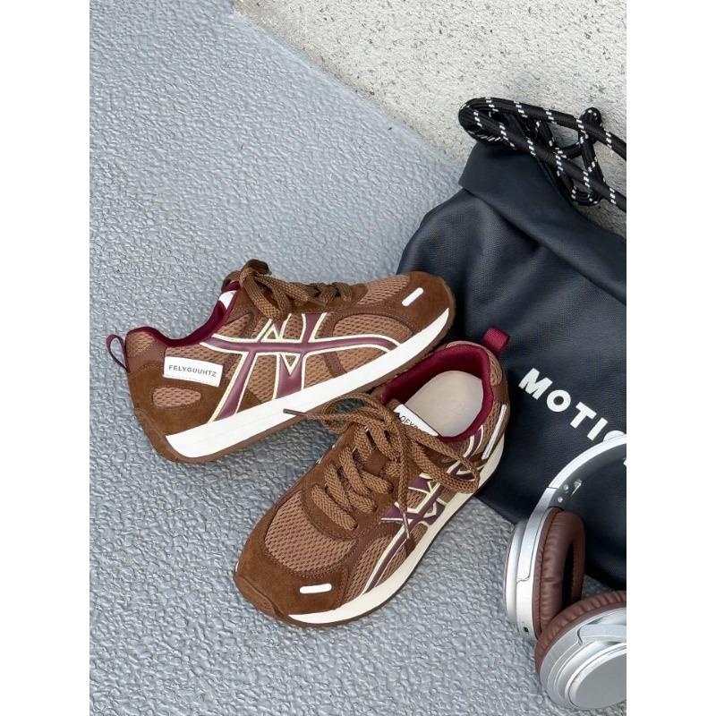 Retro leather color matching spring and summer new round head thick sole heightening breathable mesh sneakers