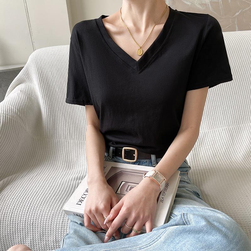 Casual Style Versatile V-neck Front Shoulder Short-sleeved Women's Summer Slimming White T-shirt Korean Style Top Trendy