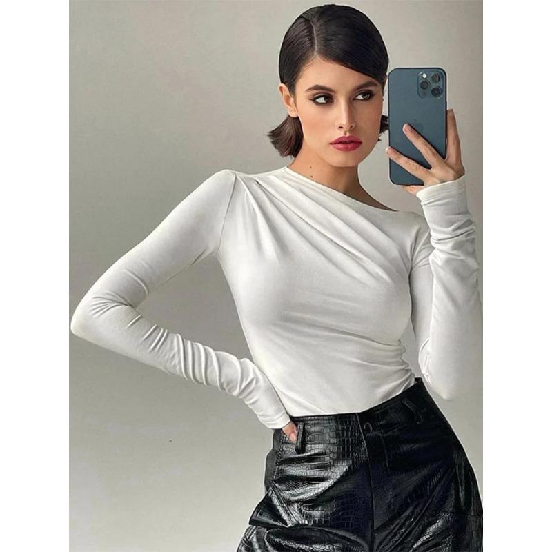 Long Sleeve Top White T-Shirts Women Basic Crop Top Autumn Pollover Solid Skew Neck T Shirt Streetwear Basic Black Y2K Tees