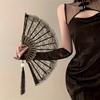 1pc Vintage Black K Lolita Hanfu Cheongsam Style Folding Hand Fan, Party Favors For Women, Birthday, Wedding, Rave Accessories, Bridesmaid Gifts
