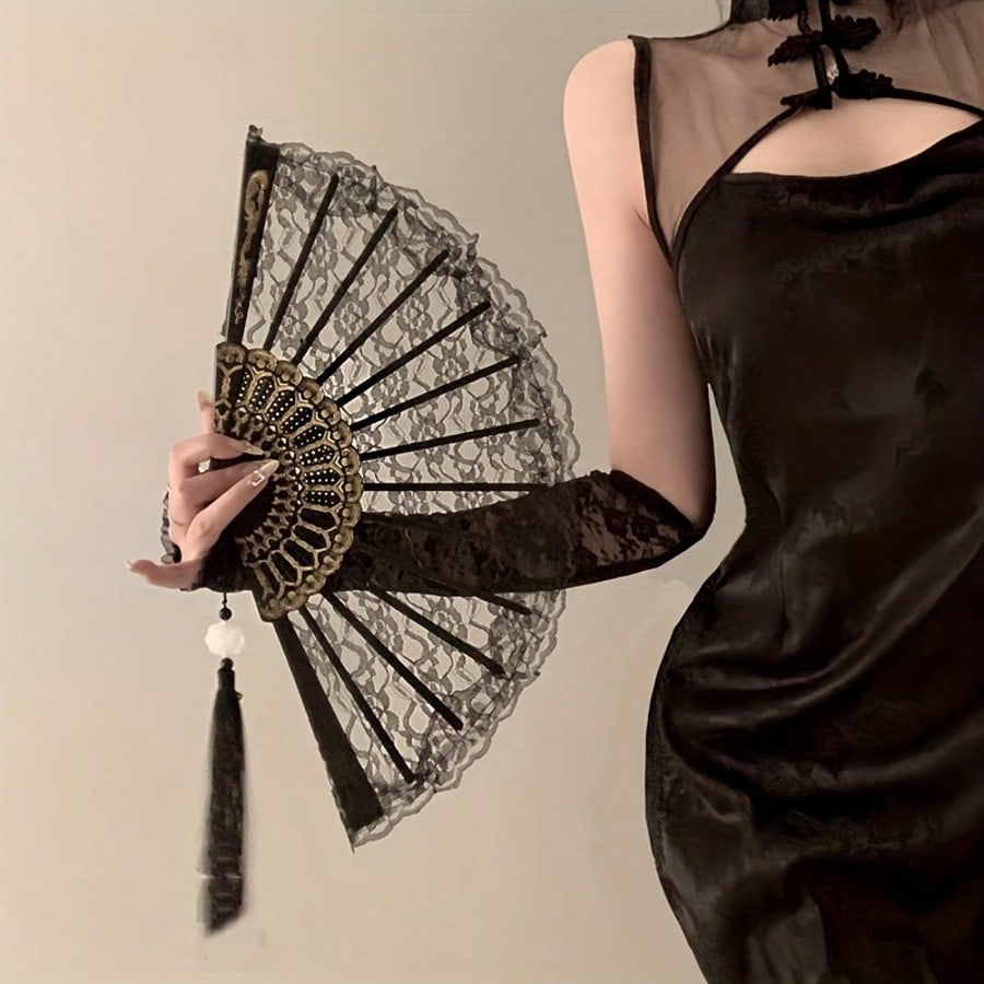 1pc Vintage Black K Lolita Hanfu Cheongsam Style Folding Hand Fan, Party Favors For Women, Birthday, Wedding, Rave Accessories, Bridesmaid Gifts