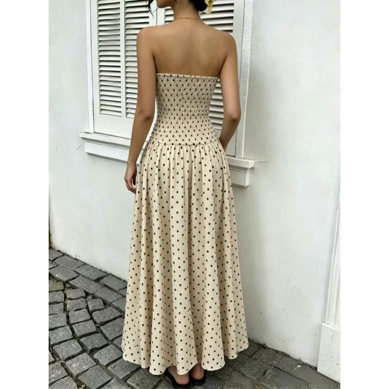 2026 Summer Off Shoulder Polka Dot Dress New Sexy Elegant Strapless Waist-cinching Slim Fit A-line Party Evening Dress Sweet Pleat Fashion Clothing