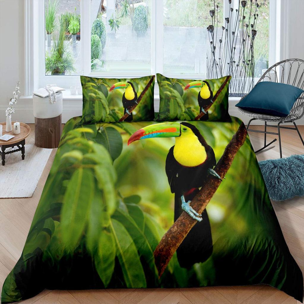 3D Toucan King Queen Duvet Cover Safari Animals Bedding Set Tropical Jungle Birds Quilt Cover Fresh Nature Green Comforter Cover
