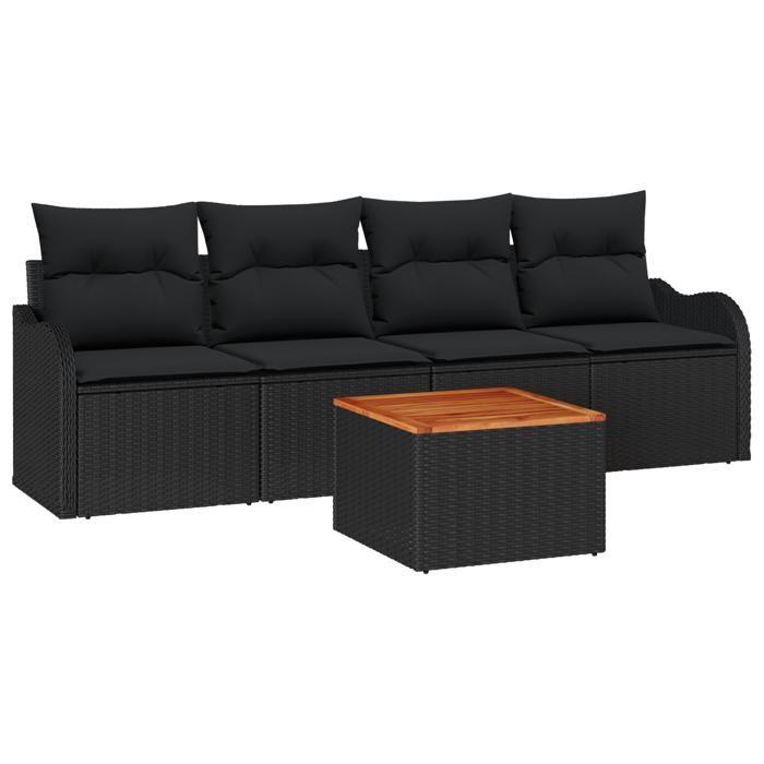 Ensemble de 5 Pièces Canapé de Jardin avec Coussins Noir Poly Rattan Acacia, Canapé de Jardin 2 Places avec Rangement &amp; 3356056