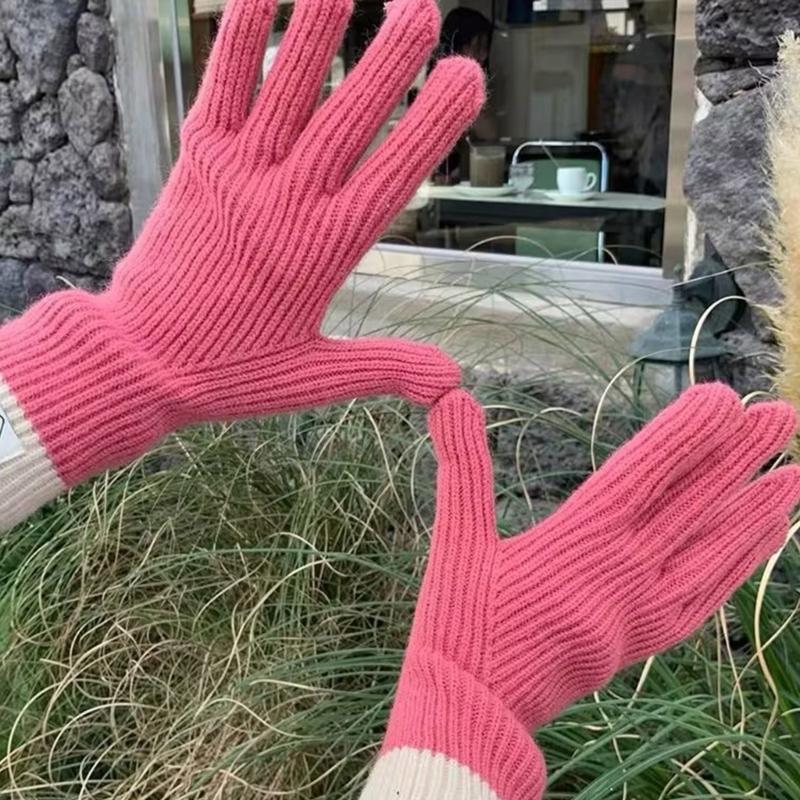 Womens Warm Knitted Full Finger Gloves Outdoor Riding Touchable Screen Colorblock Letters Label Decor Thermal Mittens