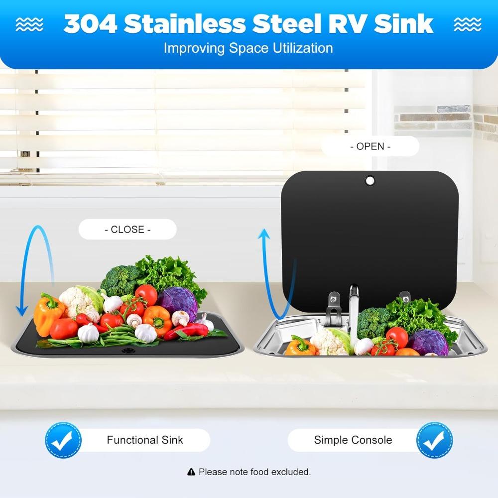 Unterbaum-Wohnmobil-Bar-Küchenspülbecken-Arbeitsstation mit klappbarem Wasserhahn A und Abdeckung, einzelnes Handwaschbecken aus 304 Edelstahl