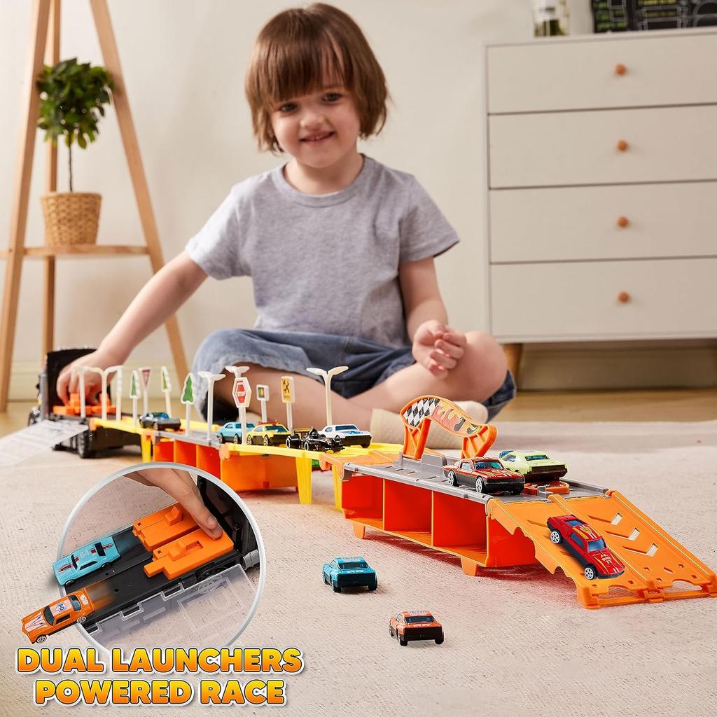 JOYFY Toy Truck Playset Race Toy Cars 60" Extra Long Race Track and 12 Die-Cast Metal Cars for Boy Girls 3-9 Years Birthday Gift