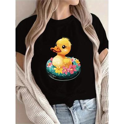 Women Yellow Duck Floral Print T-Shirt Crew Neck Short Sleeve Spring Summer Casual Vacation Playful Top