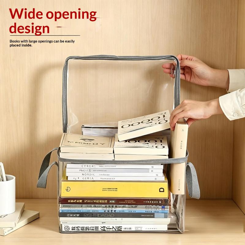 Transparent Book Storage Box with Handle Waterproof Dustproof Thickened Plastic Organizer Bins for Bedroom Book Storage