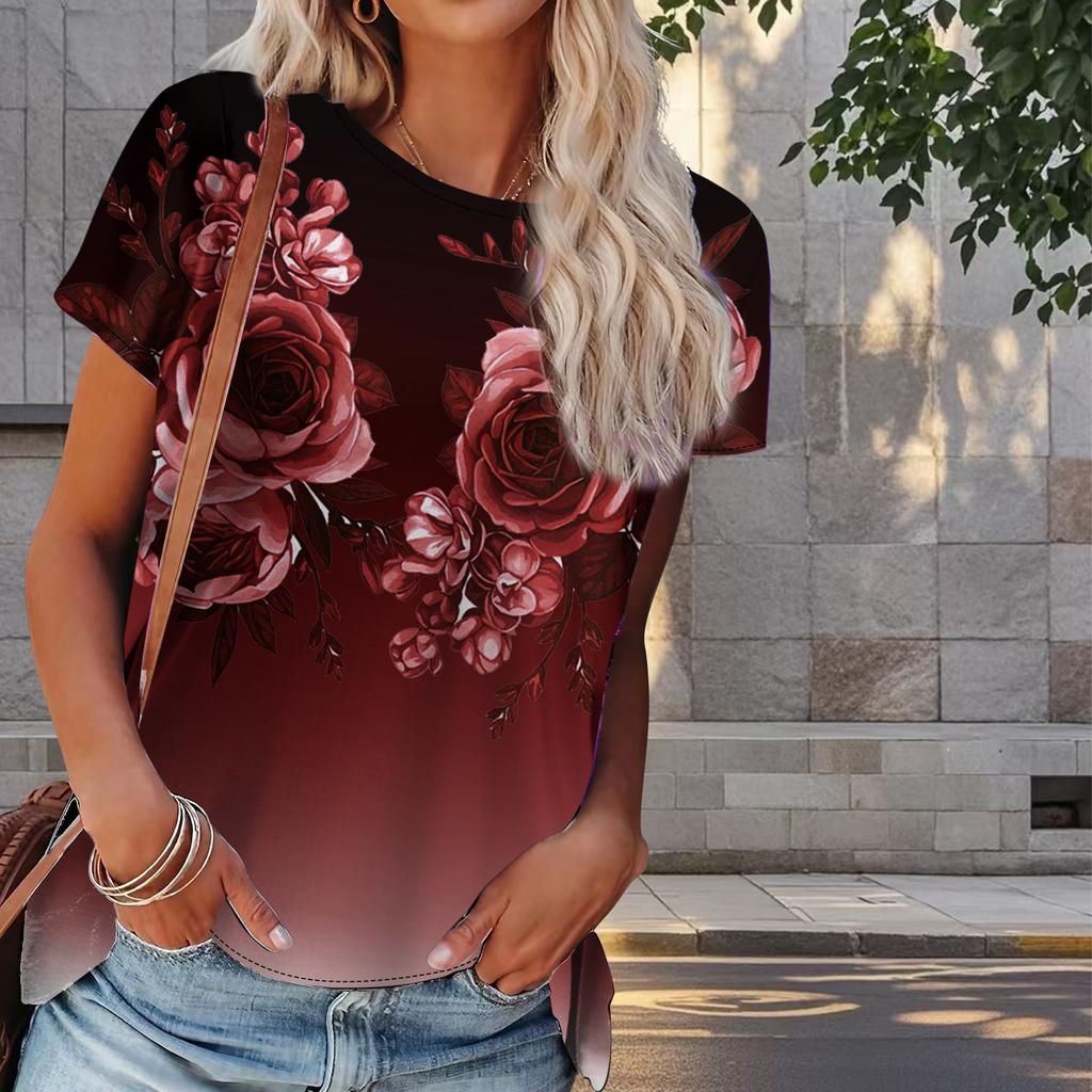 Women Summer T Shirt Flower Print Retro Fashion Short Sleeve Tees Casual   Printed  Tops
