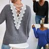 Sweater Lace Splicing New Sexy Backless Hollow V-neck Pullover Long-sleeved for Women
