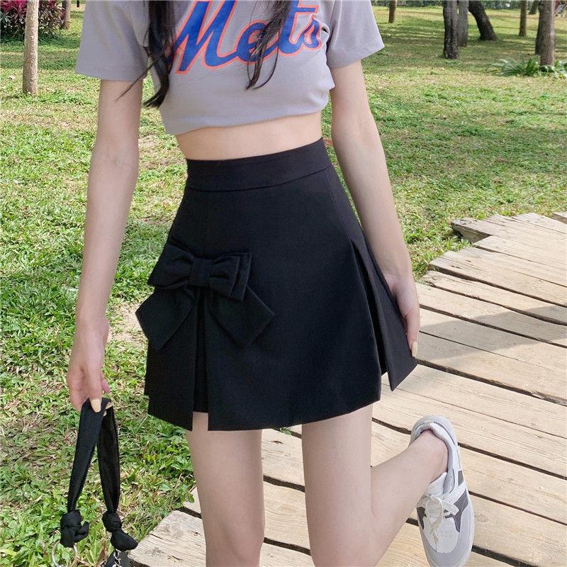 Bow Design Sense Niche Solid Pleated Suit Skirt Ladies Summer Chic Versatile High Waist A Line Half Mini Skirt