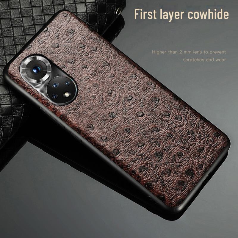 Genuine Leather Protective Cover for Honor 50 with Ostrich Pattern, Cowhide, All-inclusive Design