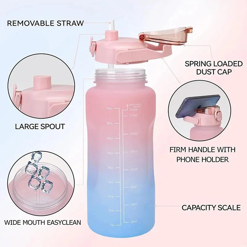 3PCS Gradient Frosted Plastic Water Bottles With Straw Motivational Large Capacity Sports Bottle Outdoor Travel Gym Fitness Jugs