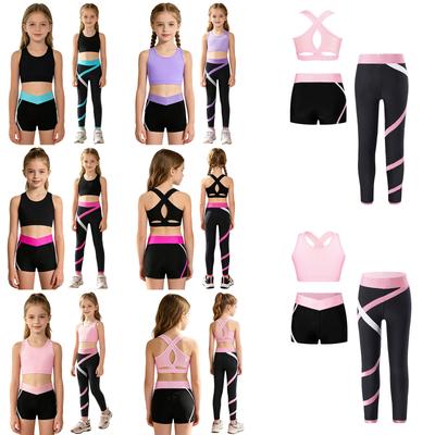 Conjunto esportivo infantil feminino 3 peças, decote em U, costas cruzadas, colete curto com buraco de fechadura e calças de cor contrastante, shorts para corrida, treino, ioga