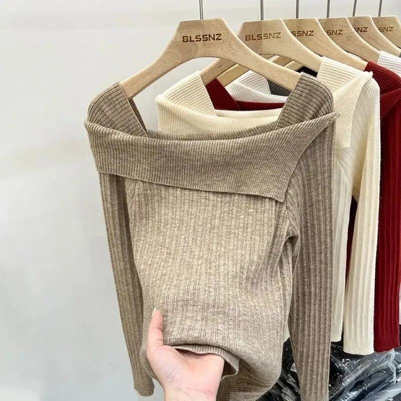 Slash Neck Knitwear Off Shoulder Top Women's Thin Bottomed Shirt Slim Long Sleeve Hotsweet Casual Commuting New Fashion