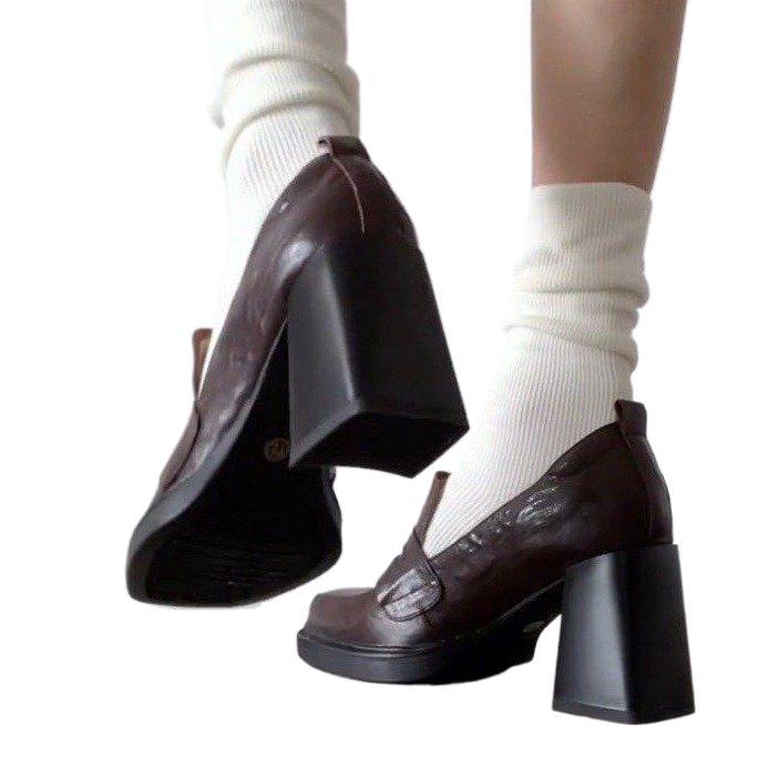 Retro British Style One-pedal Loafers Women's 2025 Autumn and Winter New High-heeled Small Leather Shoes Women's Thick-soled Thick-heeled Single Shoes