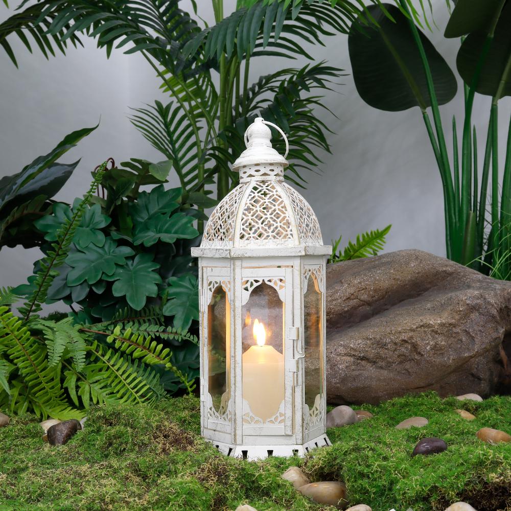 Small Vintage White Hanging Candle Lantern Metal Candle Holder for Home Wedding Decor