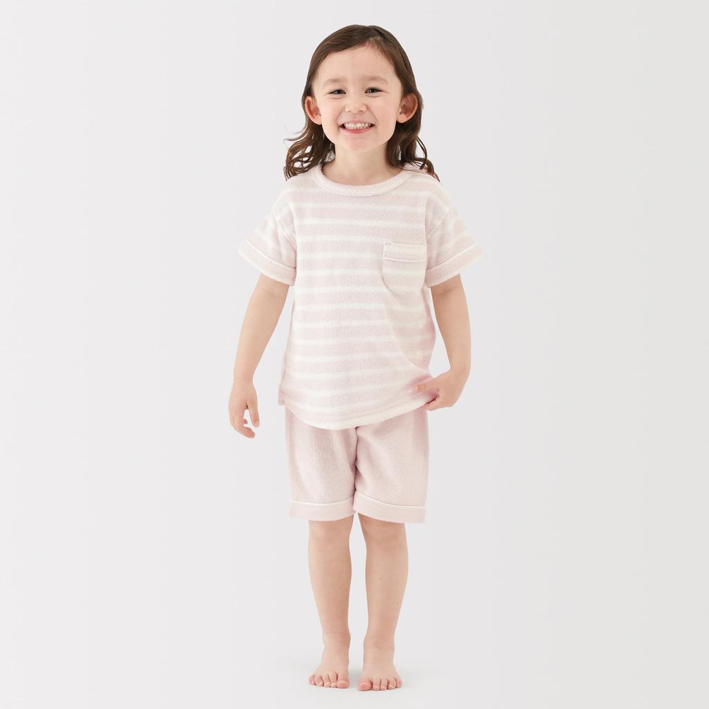 MUJI Wearable Terry Loungewear Unisex Smoky Pink Sizes Towel, Double-Sided Cloth, Short-Sleeved Set, Baby, FE0HPA6S, Border, 100-110