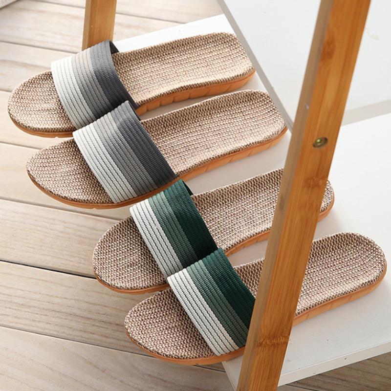 Damen-Sommer-Leinen-Hausschuhe für den Innenbereich, geräuschlos und leicht, für Zuhause, dicke Sohlen, weiche Sohlen, Paar-Holzboden-Hausschuhe
