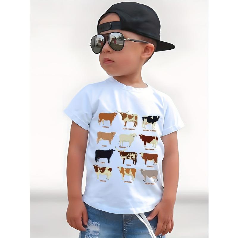 European Sizes Boys' Short Sleeve T-Shirt with Colorful Cow Breeds Print - Casual Summer Top for Youngsters & Teens, Educational Animal Design