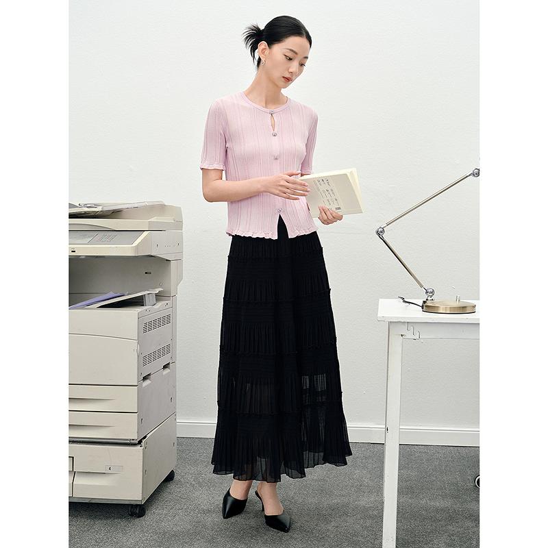 JUZUI Elegant and Simple Curved Pearl Yarn Knitted Shirt for Women Summer New Style JWFX31217