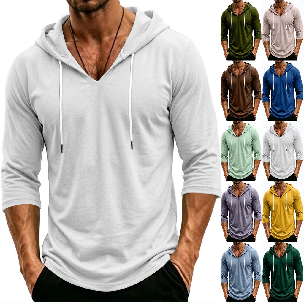 Men's Loose Fit Casual Hoodie Lightweight Pullover with Three Quarter Sleeve Drawstring Hooded Shirt for Everyday Wear