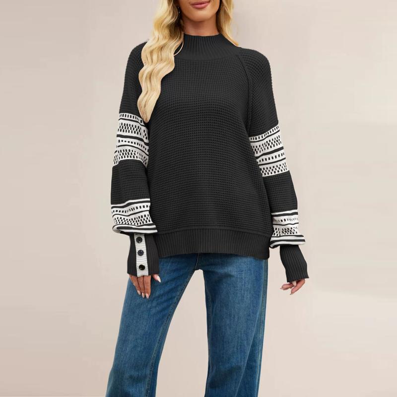 Autumn Winter Women Mock Neck Knitted Sweater Fashion Patchwork Knit Pullovers