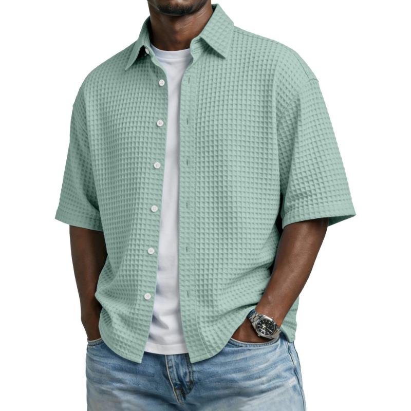 Mens Casual Solid Color Waffle Knit Short Sleeve Button Down Shirt S зелёный
