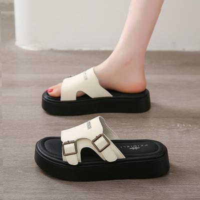 Modische CRLAYDK Damen Plateau-Sandalen mit Fußgewölbeunterstützung, verstellbarer Schnalle, Outdoor-Strand-Slipper, bequeme Leder-Pantoletten mit offenem Zeh