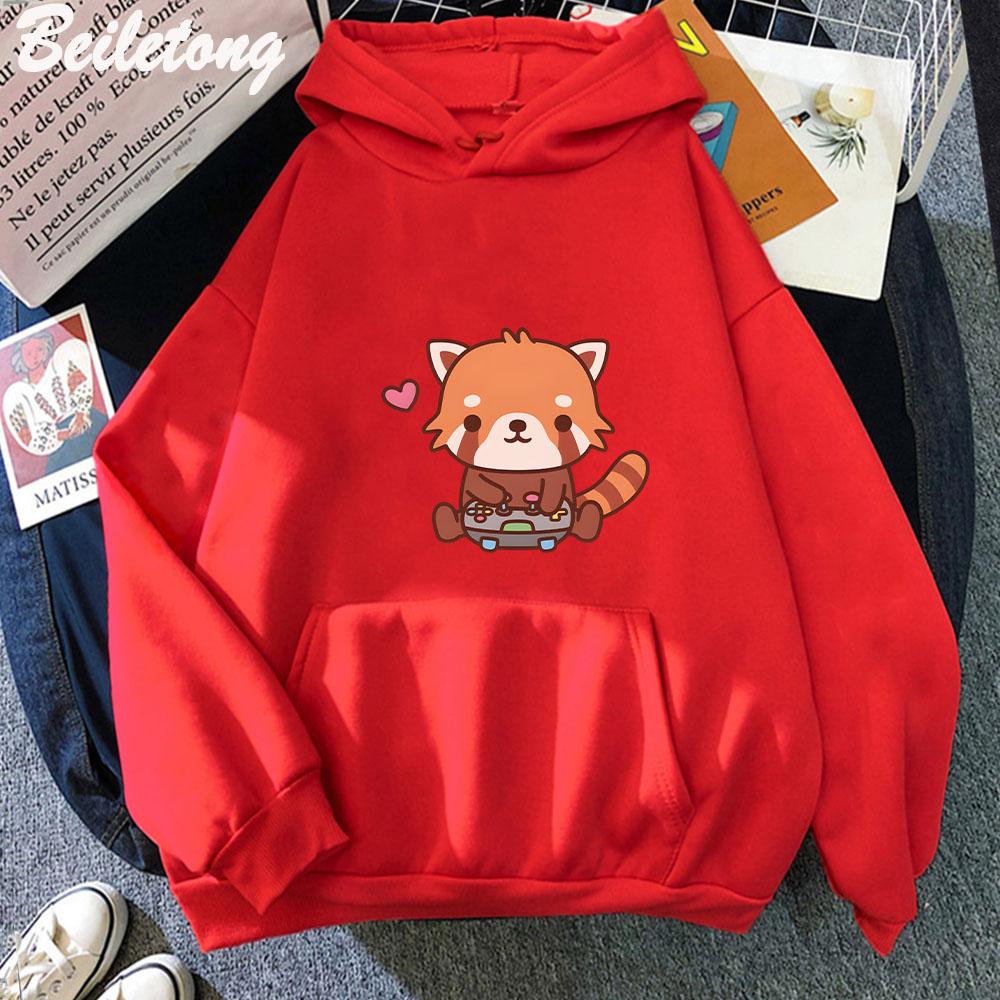 Anime Cute Little Red Panda Playing Video Hoodie for Men Women Casaul Loose Sports Hooded Sweatshirts Unisex Y2k Clothes Tops