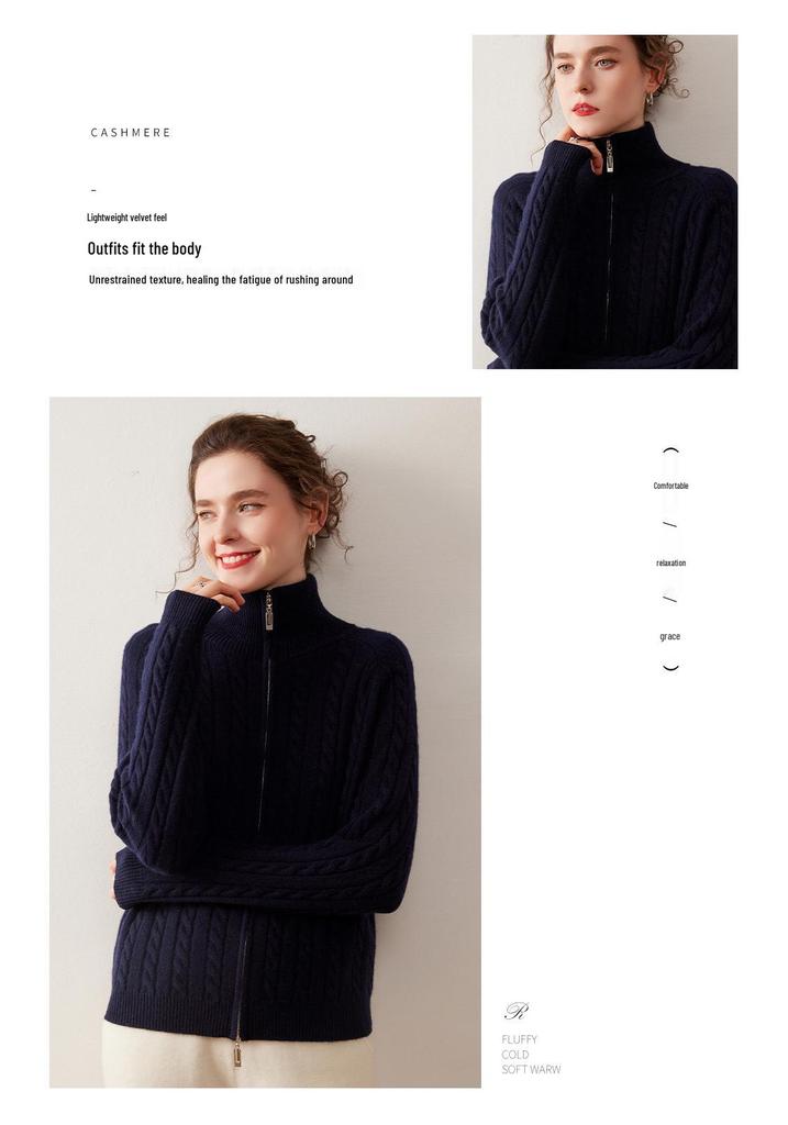 Women's Cable Knit Cashmere Cardigan - Solid Color, Stand Collar, Zipper Closure, Autumn/Winter Casual Style Sweater