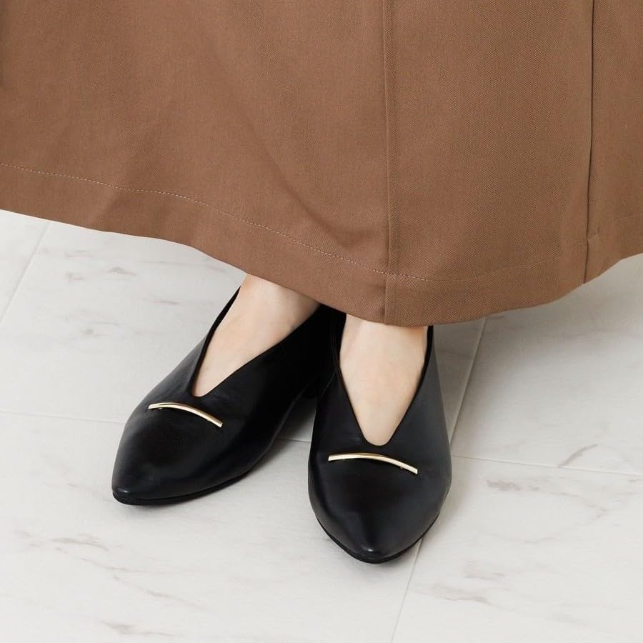 HIMIKO Metal Bar Flat Pumps, Genuine Leather with Soft Cushioning, Black, Size 235 (Product Code: 651303)