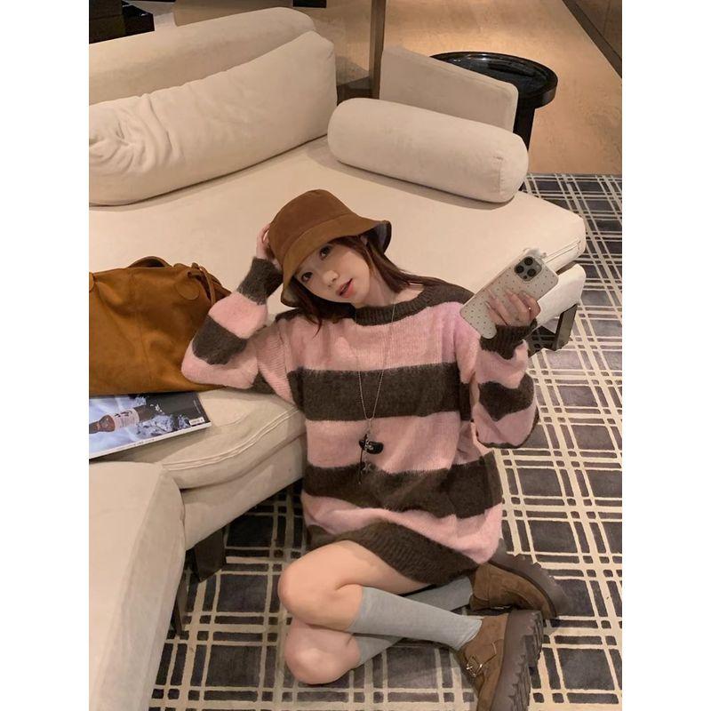 Kumikumi Idle Style Pink Brown Stripes Crew Neck Pullover Sweater Women Autumn Chic Versatile Loose Top