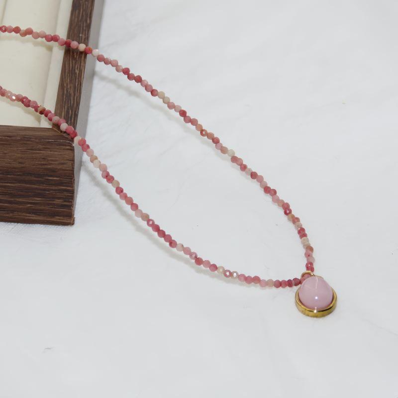 Korean Pink Gradient Rhodochrosite Titanium Necklace - Handmade Beaded Natural Stone for Spring/Summer Layering