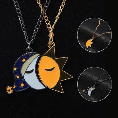 A Set Sun and Moon Splicing Necklace Couple Jewelry Good Night Expression Pendant Necklace For Women Men Valentine's Day Gift