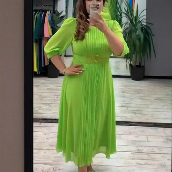 Lantern Sleeve V-Neck A-Line Pleated Maxi Dress - Elegant Waist-Defining, Solid Color Swing Style.