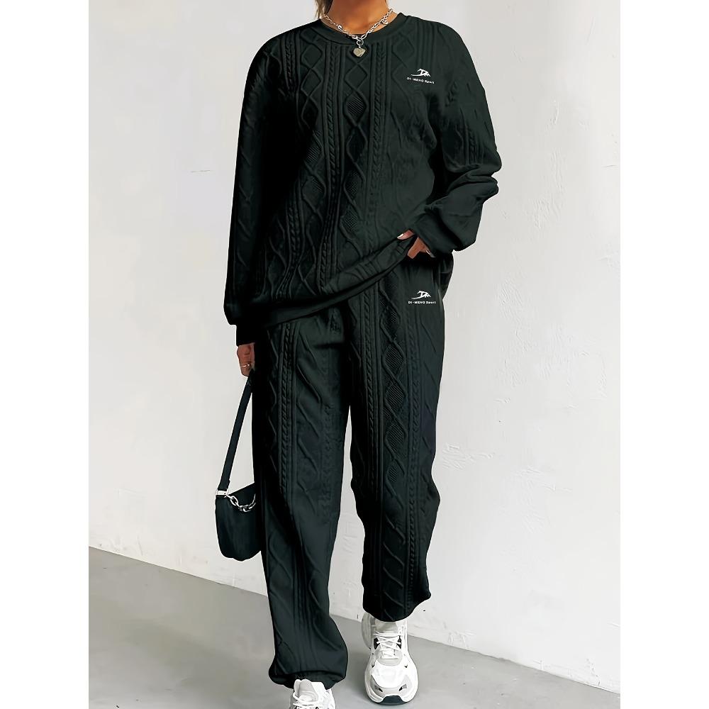 Women's Round Neck Long Sleeve Loose Cable Knit Two Piece Casual Tracksuit Elastic Waist Jogger Pants Matching Outfit