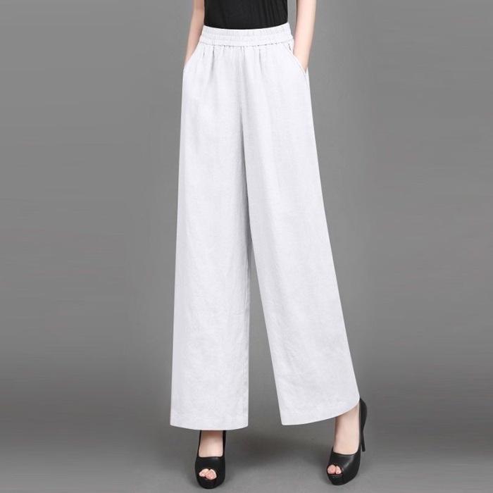 Women's 2025 Summer Cotton Linen Wide-Leg Pants - Simple, Casual, Thin, Loose, Elastic High Waist