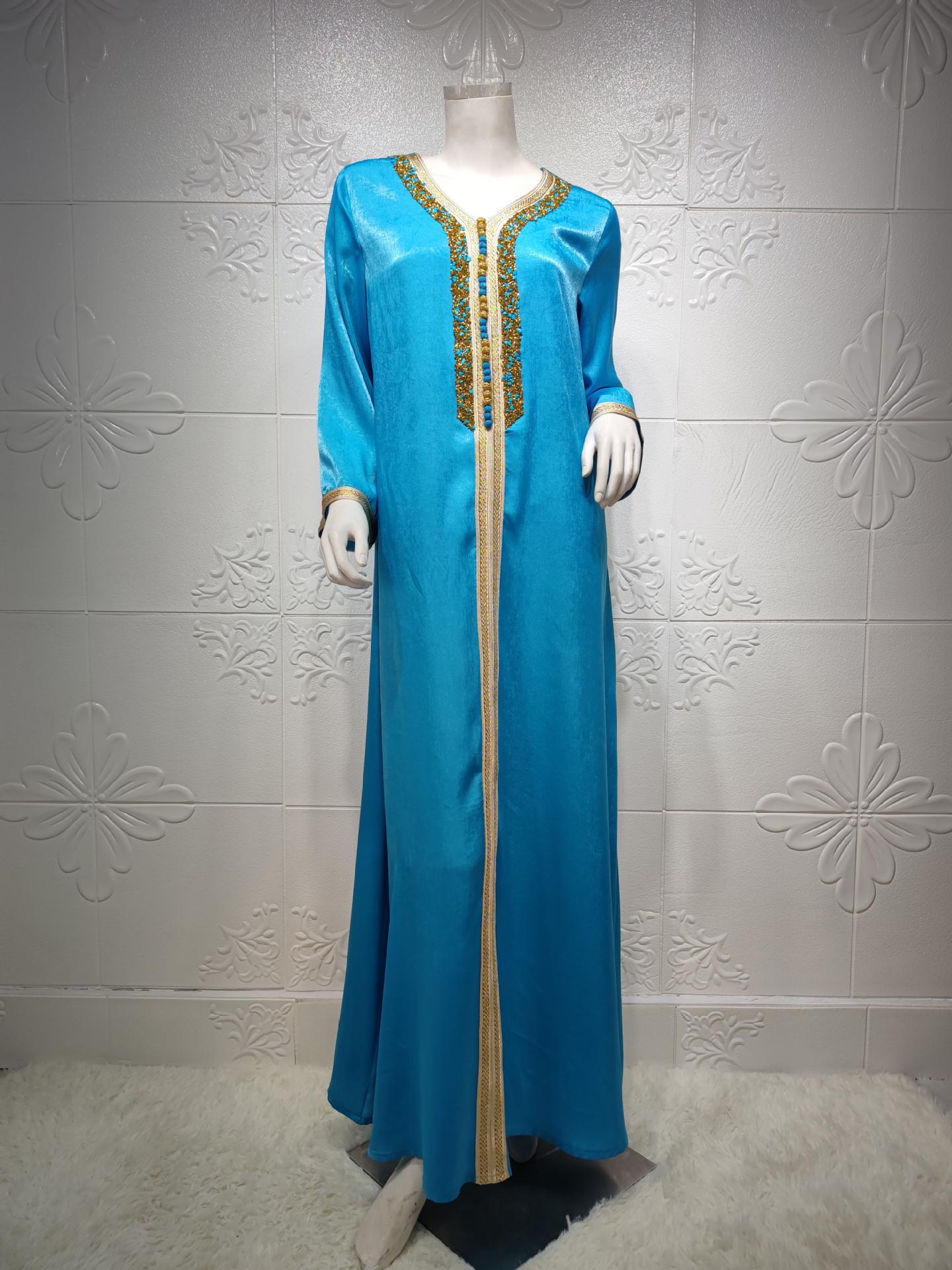 

AB073 Women s Lace Abaya with Ribbon & Hot Drill Detail - Middle Eastern Fashion Robe Small світло-синій колір
