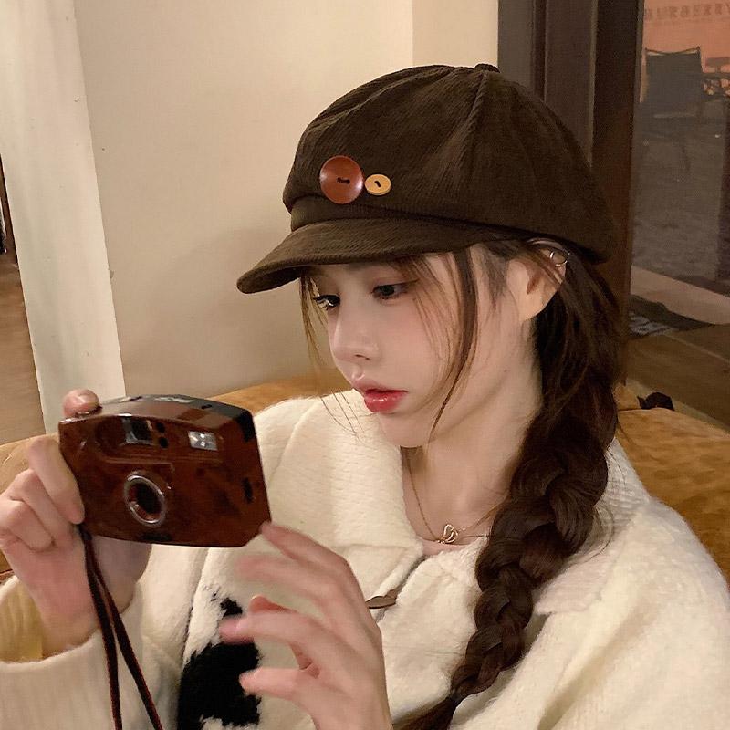 RICYGVM Retro Button Corduroy Octagonal Cap For Women Painter Artist Hat Japanese Girls Brown Peaked Caps Autumn Winter Berets