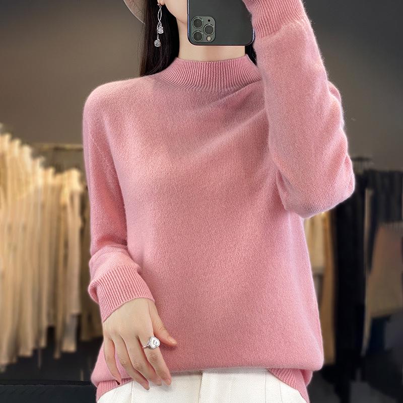 Women's Pure Wool Half-High Neck Sweater - Loose Fit Knitwear for Autumn and Winter
